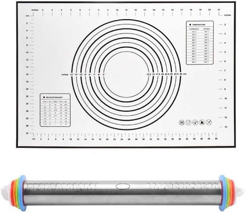 Tuqiso Rolling Pin and Silicone Baking Pastry Mat Set, Stainless Steel Dough Roller with Adjustable Thickness Rings, for Pizza, Pie, Pastries, Pasta, Cookies (Black) - Image 2